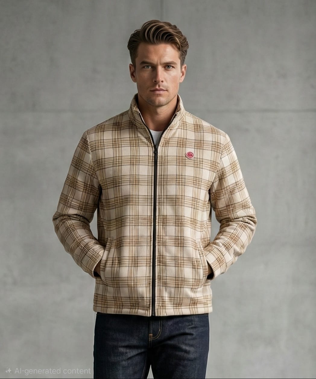 Spykar Men’s Beige Checkered Casual Zip-Up Jacket